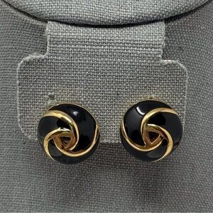 Vintage Black and Gold Toned Swirl Circle Clip On Earrings